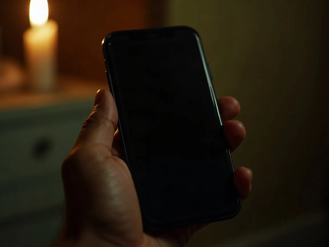 Mão segurando um celular com a tela completamente apagada num cômodo escuro